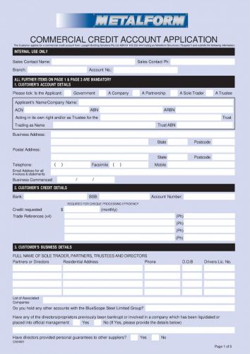 Metalform - Commercial Credit Account Application