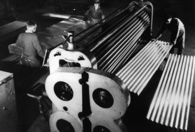 A photo of ORB corrugated sheeting being produced in Lysaght's early days